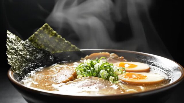 Steaming Bowl of Delicious Ramen Noodles with Pork and Egg.