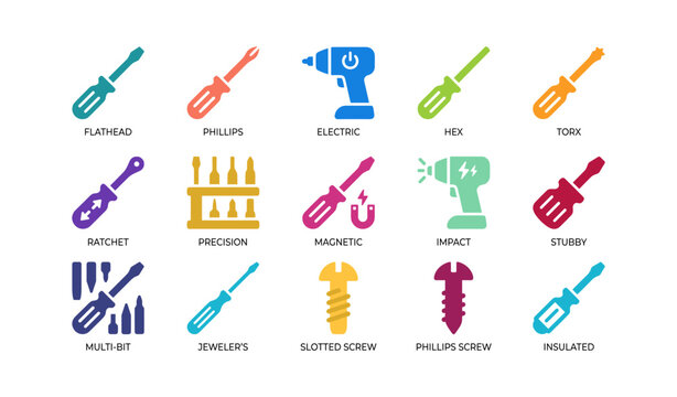 Screwdriver and driver bit icons arranged in grid on white background