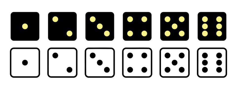 dice icon set with all six faces in black color and in outline style, game die vector symbols
