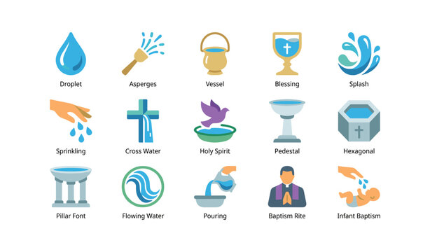 Baptism and water icons displayed in grid on white background