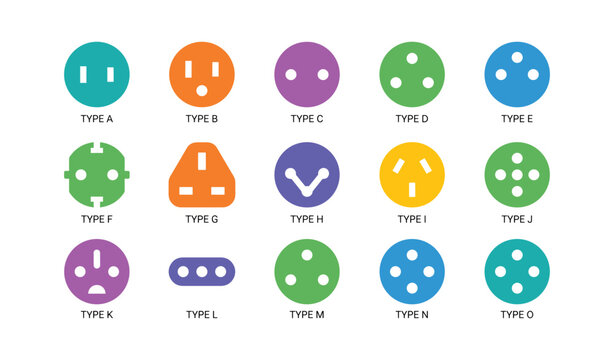 Electrical plug type icons arranged in labeled grid on white