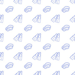 Seamless pattern with diving masks and flippers in blue line style on white background. Outline snorkeling print.  © JanelipArt
