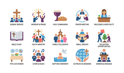 Fototapeta premium Church activity icons showing services meetings and community events