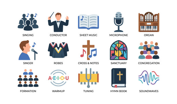 Church music icons showing choir activities and musical elements
