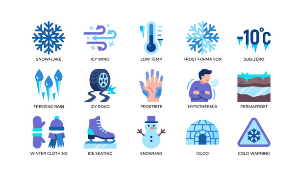 Winter cold and frost hazard icons on white background