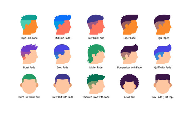 Male haircut icons showing various fade styles in profiles