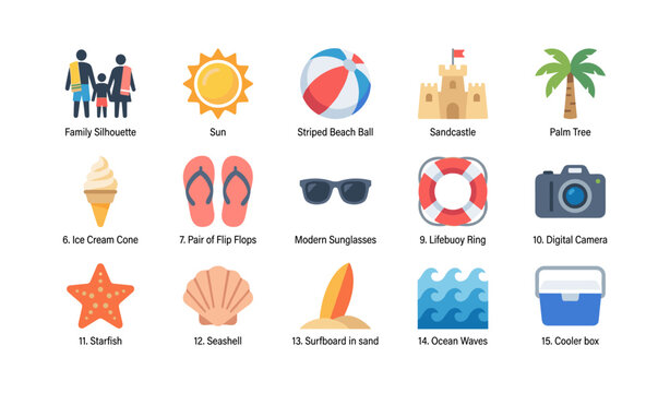 Beach and summer icons set with vacation symbols on white