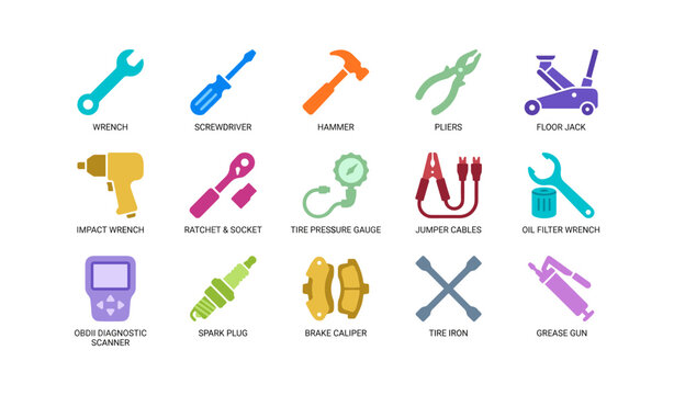 Automotive tool and repair icons displayed in grid on white background