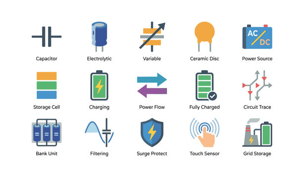 Electronic and battery icons showing capacitors and power on white