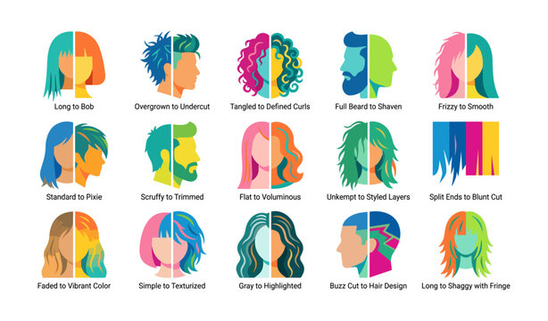 Hair transformation icons showing before and after on white background