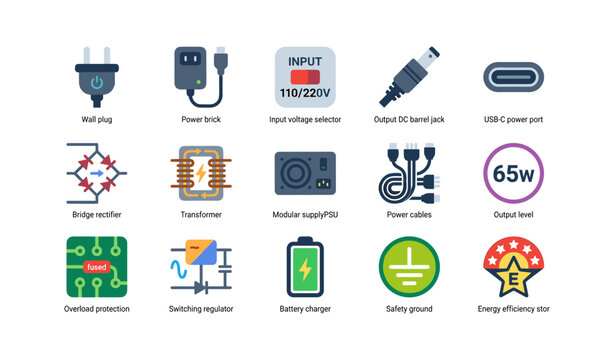 Power supply and electrical component icons showing connectors