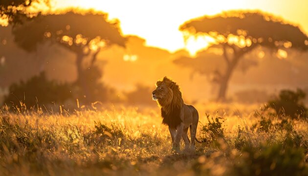 Lion standing in savannah at sunset.