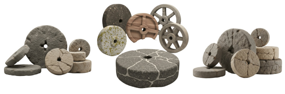 Group of Ancient Gray Stone Grinding Wheels and Millstones Isolated on White Background, Primitive Tool Mill Machinery, Archaeology and History Architectural Elements PNG Asset