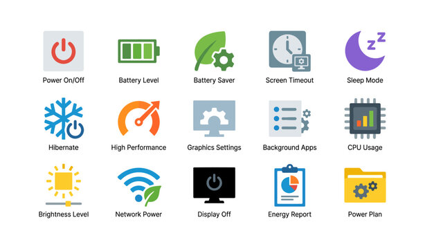 Power management and performance icons arranged in grid on white