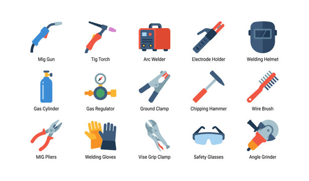 Welding tools and safety icons arranged in grid on white