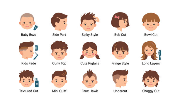 Children and youth haircut style icons displayed in grid