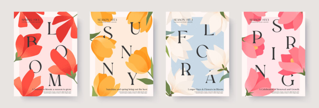Refined spring banners with red poppy flowers,yellow tulips,white magnolia,pink roses,green foliage.Elegant botanical illustrations with blooming floral elements for invitations,branding,spring promos