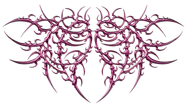 Pink 3D chrome neo-tribal design. Succubus womb symbols and sharp cyber sigilism elements in a metallic style. Transparent background.