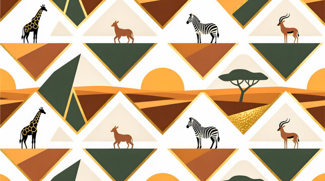 Modern flat graphic design of an African-inspired horizon with stylized wildlife figures.