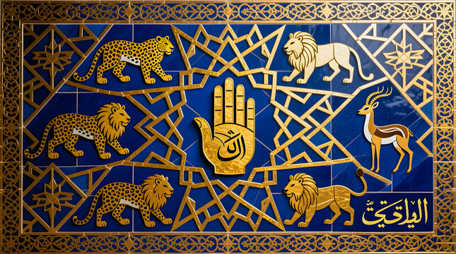 Intricate seamless pattern featuring the Hand of Fatima (Hamsa) with golden geometric animal silhouettes.