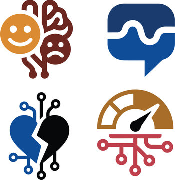 This image showcases a set of creative and modern icons representing artificial intelligence, innovation, and smart technology concepts. Each icon blends elements like human emotions, brain structures