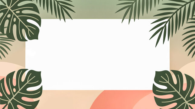 Tropical leaves and leopard tails framing the corners with a large central white copyspace.