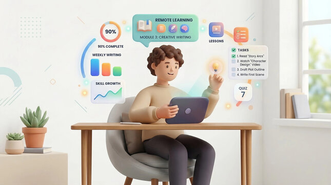 Remote learning creative writing course with progress dashboard and interactive lessons concept