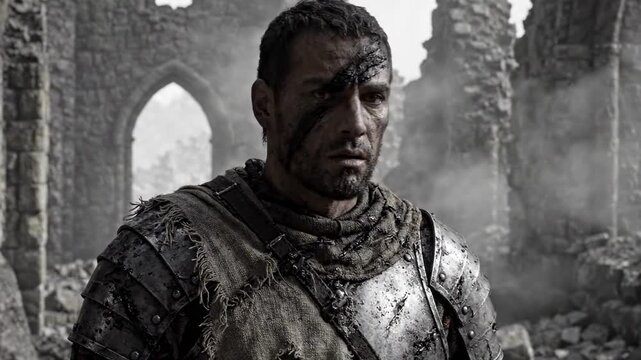 Medieval soldier hidden at edge of shattered stone ruins, smoky archway, fallen blocks, grey battlefield haze, broken masonry and abandoned fortress destruction scene after siege at cold dawn