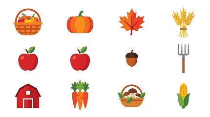 A collection of charming flat icons representing autumn harvest and farm elements, including fruits, vegetables, and seasonal symbols. © tr