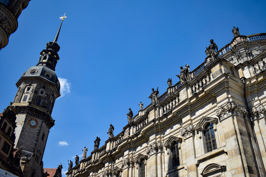 Close-Up of Dresden Cathedral (Kathedrale Ss. Trinitatis) with Statues and Tower against Blue Sky