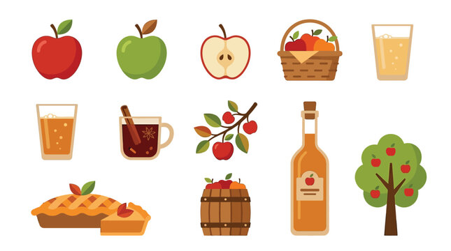 A collection of sliced apples, a basket of apples, apple cider, mulled cider, an apple tree branch, a bottle of apple cider vinegar, an apple pie, a barrel of apples, and a miniature apple tree.