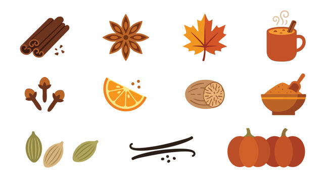 A collection of autumn spices and ingredients, including cinnamon, star anise, maple leaf, pumpkin spice latte, cloves, orange slice, nutmeg, pumpkin pie spice, cardamom, vanilla beans, and pumpkins.