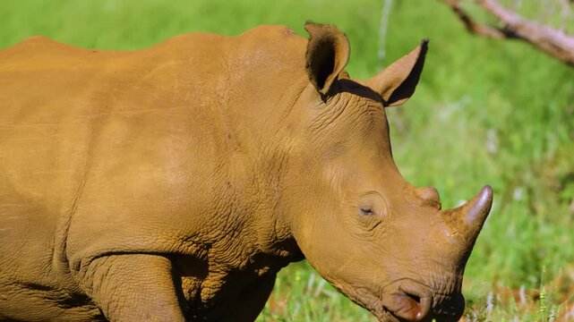 Portrait of a young black rhino or hook-lipped rhinoceros (Diceros bicornis) at south african wildlife safari.