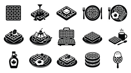 A collection of black and white isometric icons representing various waffle dishes, ingredients, and cooking equipment. © GJ