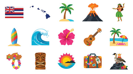 A vibrant collection of iconic Hawaiian symbols and imagery, perfect for travel and cultural themes. © GJ