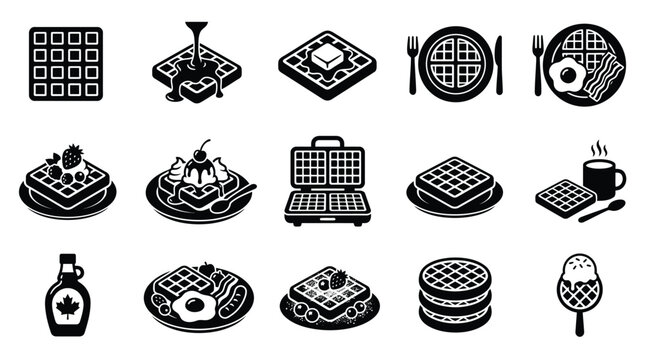 A collection of black and white isometric icons representing various waffle dishes, ingredients, and cooking equipment.