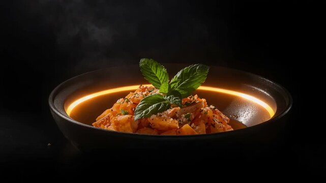 Steaming pasta with tomato, basil and parmesan in dark bowl, warm moody styling
