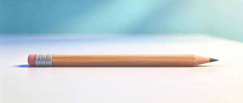 A sharpened wooden pencil with a pink eraser rests on a white surface