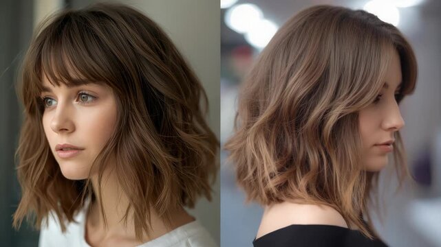 Woman female portrait bob wavy hair soft brown wavy bob with bangs natural makeup gentle