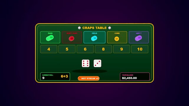 An opulent Sports Betting Interface depicting a digital craps table with dynamic rolling dice and neon indicators designed for a high stakes gambling experience online