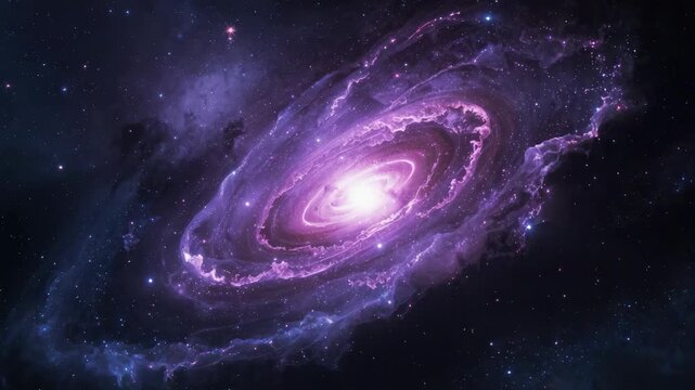 Vibrant purple spiral galaxy glowing in deep space with swirling nebula clouds and luminous core
