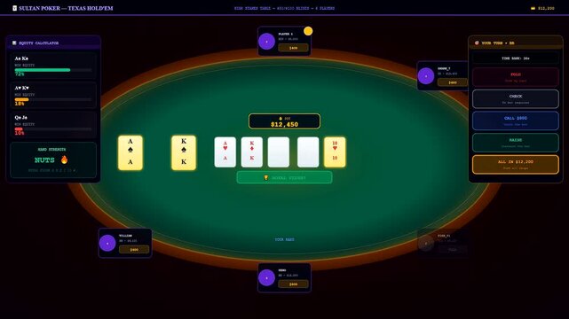A sleek and sophisticated sports betting interface depicting the strategic evolution of a digital poker match as cards are revealed and betting stakes escalate