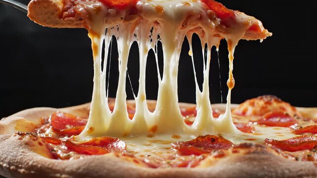 A slice of pepperoni pizza is lifted, showing hot melted cheese stretching in long strings against a dark background, food photography