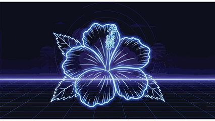 Vibrant Neon Blue Hibiscus Flower Blooming in a Retro-Futuristic Digital Grid Landscape, Glowing Floral Design with Sci-Fi Aesthetic © mest selda blessun