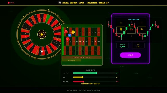 An opulent Sports Betting Interface featuring a dynamic roulette animation alongside volatile candlestick graphs to simulate a high stakes digital gambling environment for players