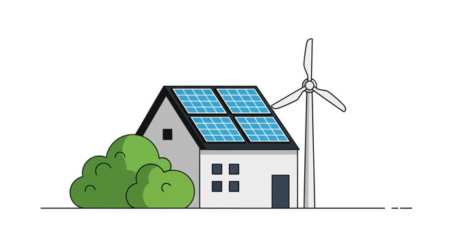 Sustainable House Illustration with Solar Panels and Wind Turbine for Renewable Energy Concept