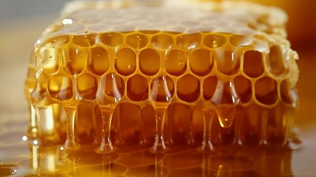 Fresh golden honeycomb dripping with organic bee nectar sits on a reflective surface capturing the beautiful texture and rich amber color of natural raw healthy sweet honey