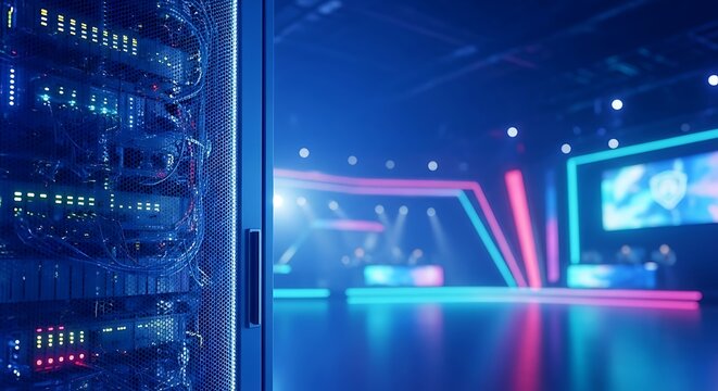 Futuristic esports arena with servers and stage lighting, digital technology and gaming concept