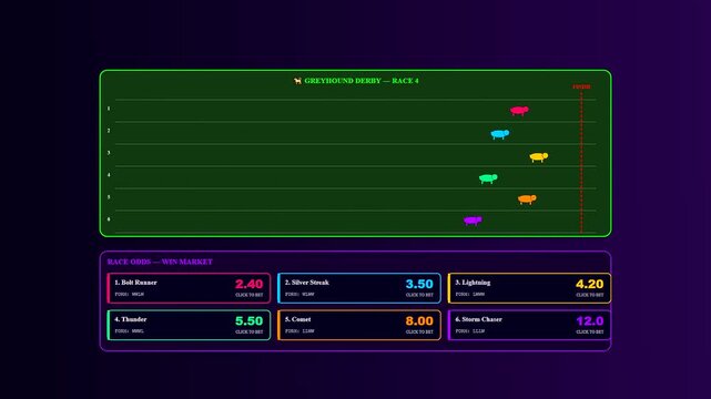 A sophisticated sports betting interface showcasing an animated virtual racing event where colorful animal icons sprint across a lush green digital turf toward victory
