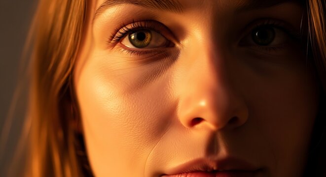 Close-up of a person with natural makeup under soft lighting